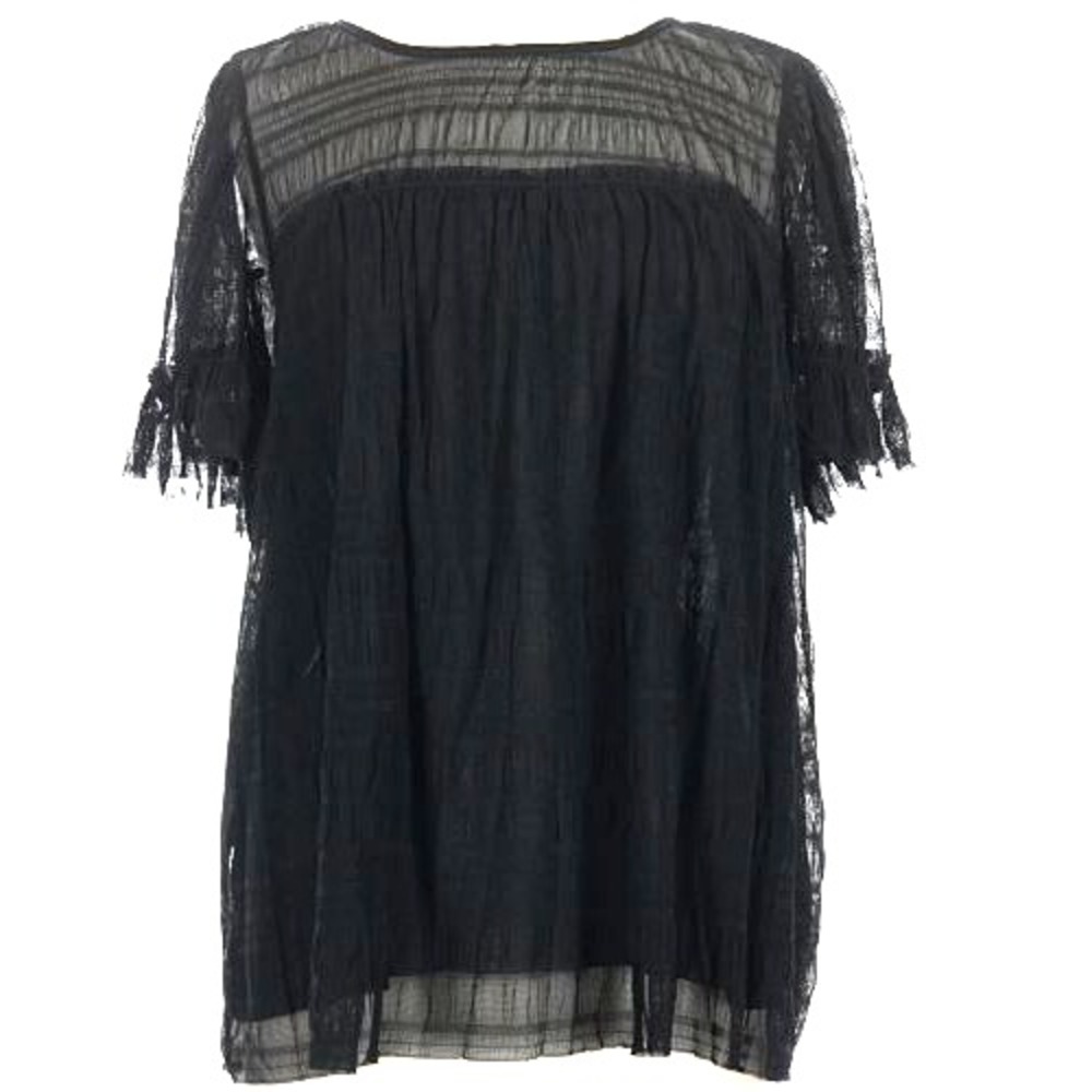 Max Studio Women's Short Flutter Sleeve Mesh Lace Pleated Top in Black Small